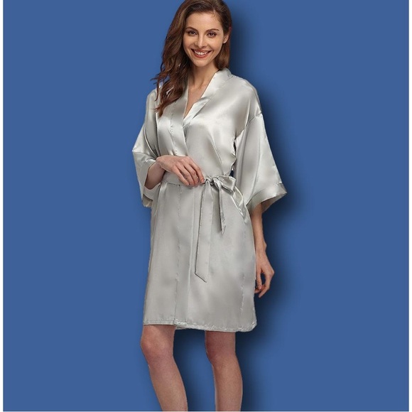 Kimono short Satin Robe Silver XL M MULTIPLE SIZES - Picture 10 of 12